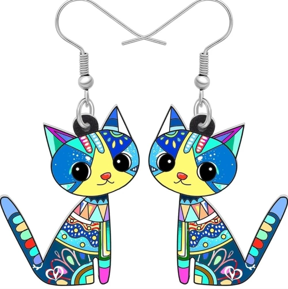 Whimsical Green and Blue Cat Earrings with Expressive Eyes